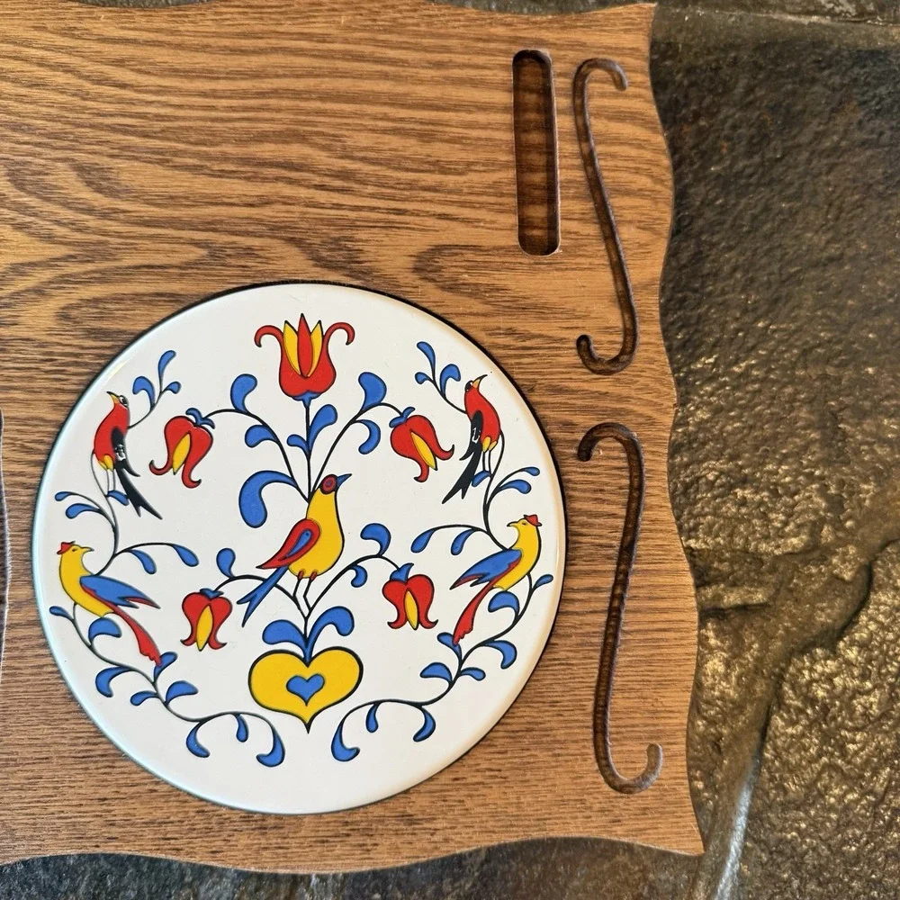 Vintage Pennsylvania Dutch Folk Art Double Tile Wood Trivet Distelfink Bird Hex